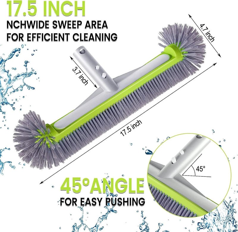 Unipool Professional Swimming Pool Brush Head with Round Ends,17.5" Heavy Duty Aluminum Back for Cleaning Pool Walls, 7 Rows Premium Nylon Bristles with EZ Clips (Green Grey) - Image 2